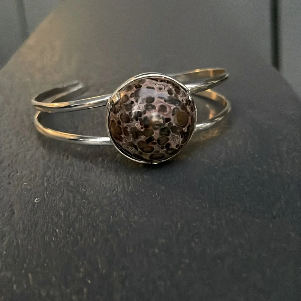925 Sterling Silver & Pink Natural Jasper Stone Adjustable Bangle Boho Bracelet